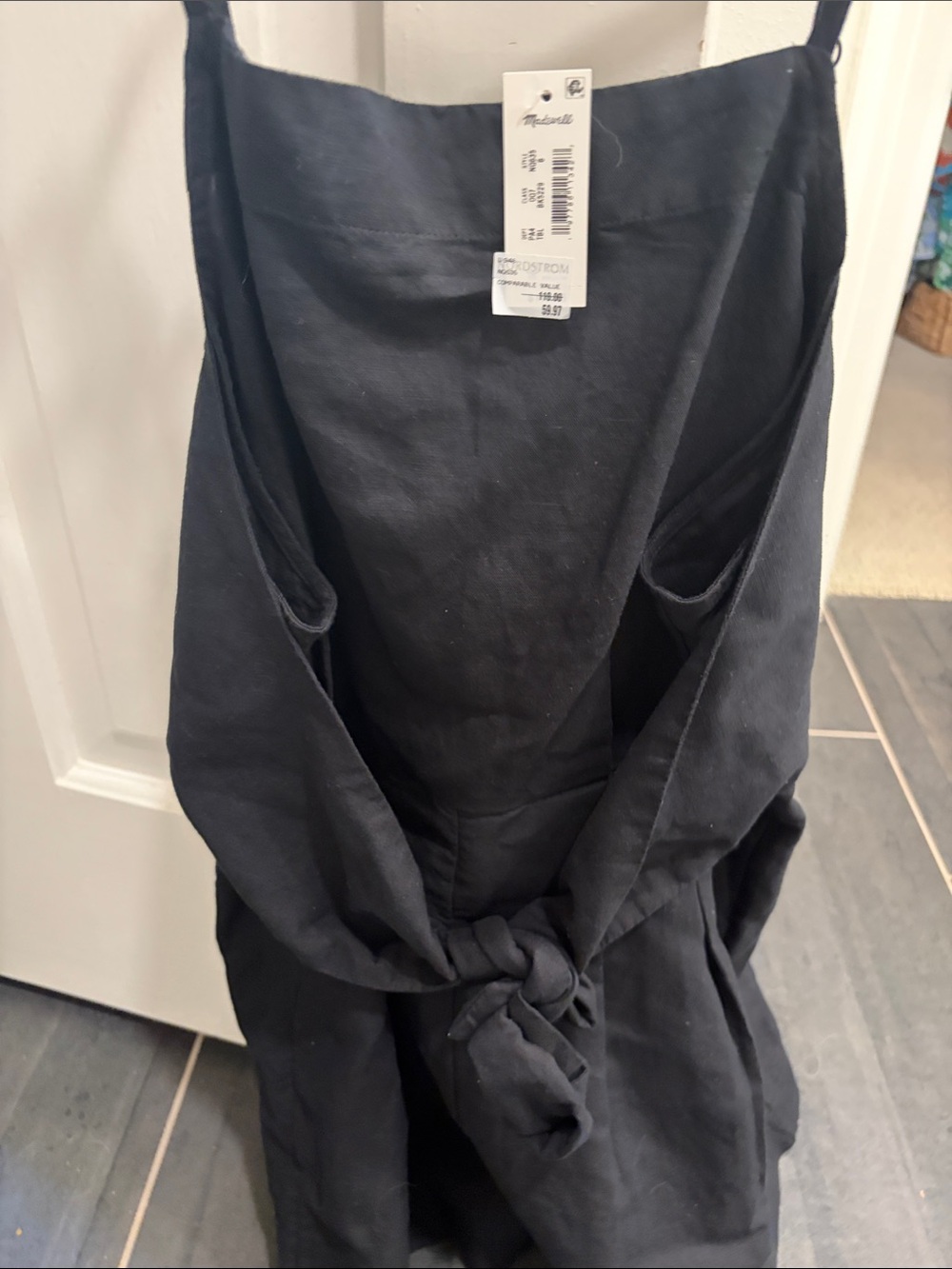 Madewell Black Linen Romper with Tie front and Back Zip